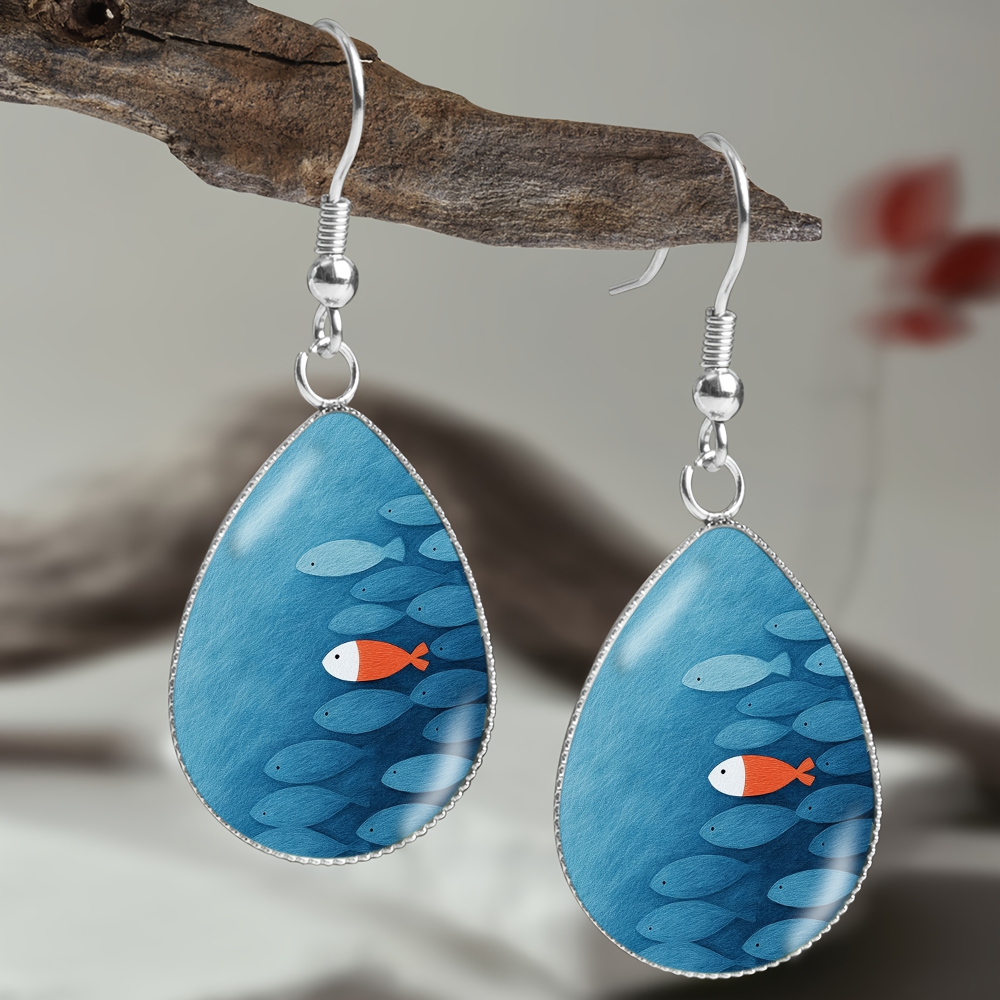 Men's Deep-Sea Swimming Fish Pattern Stainless Steel Teardrop Earrings